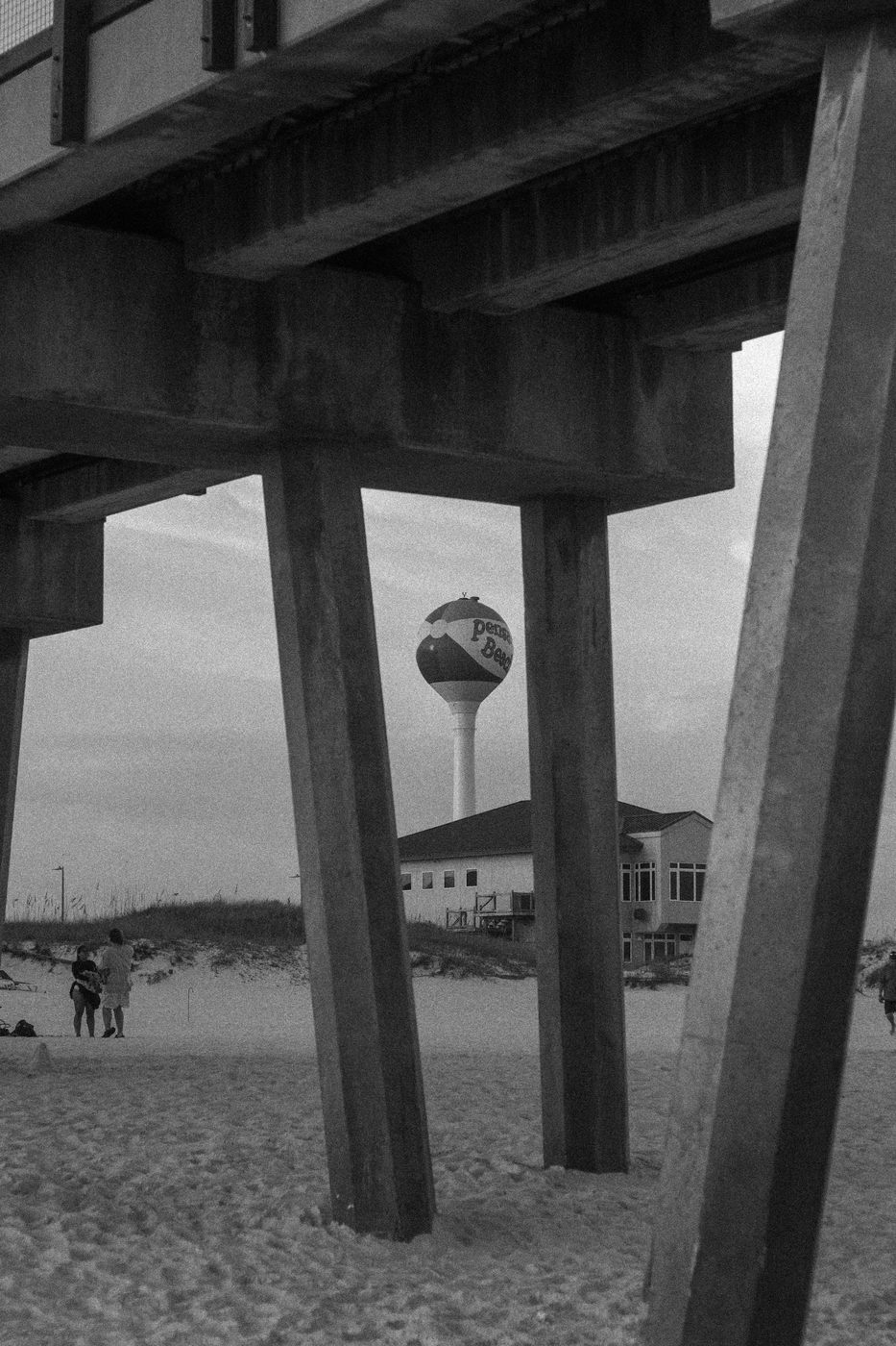 Pilings beneath the pier framing the shoreline.